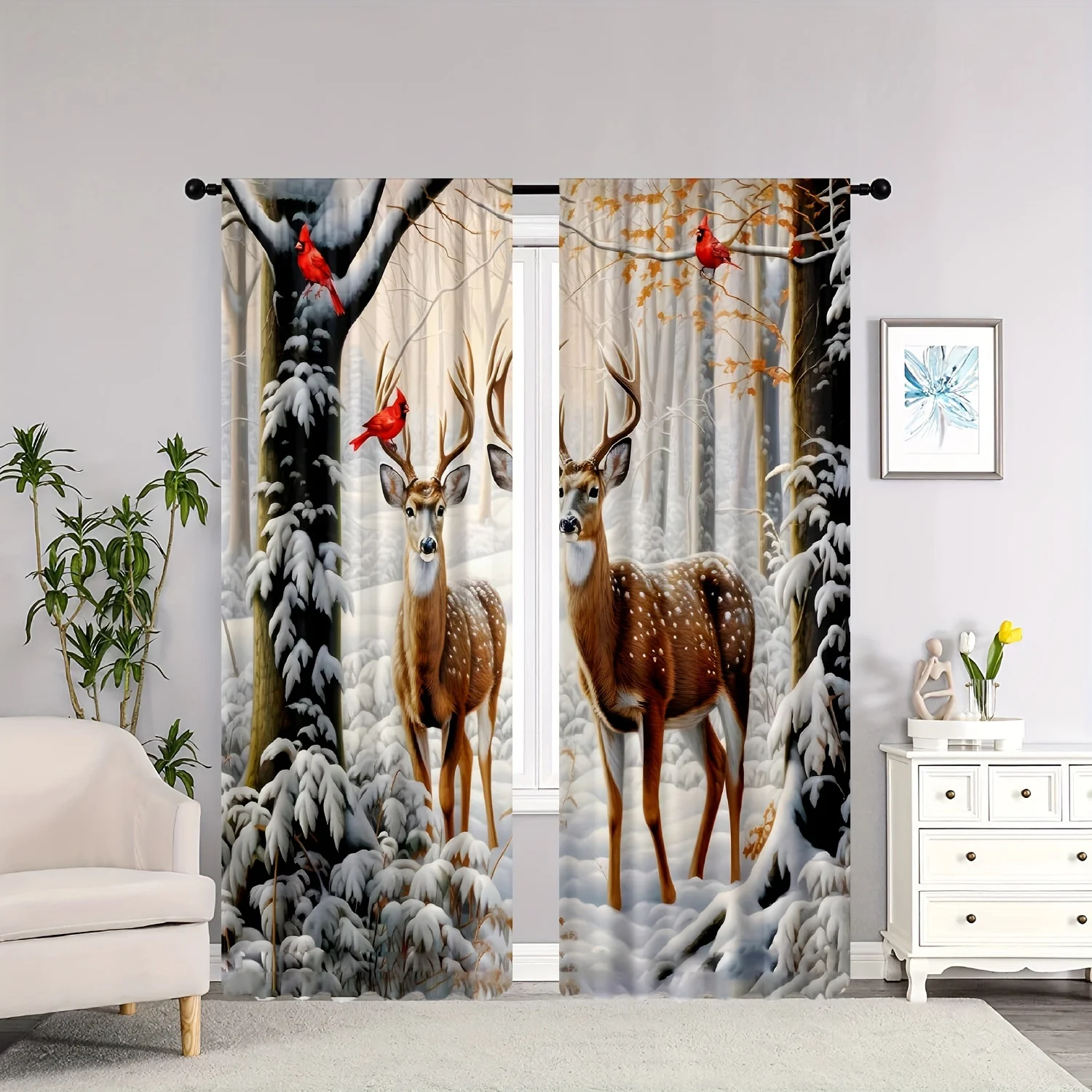Christmas Elk Snow Curtains 2pcs, HD Digital Print Rod Pocket Design for Living Room Bedroom Study Room Window Decor