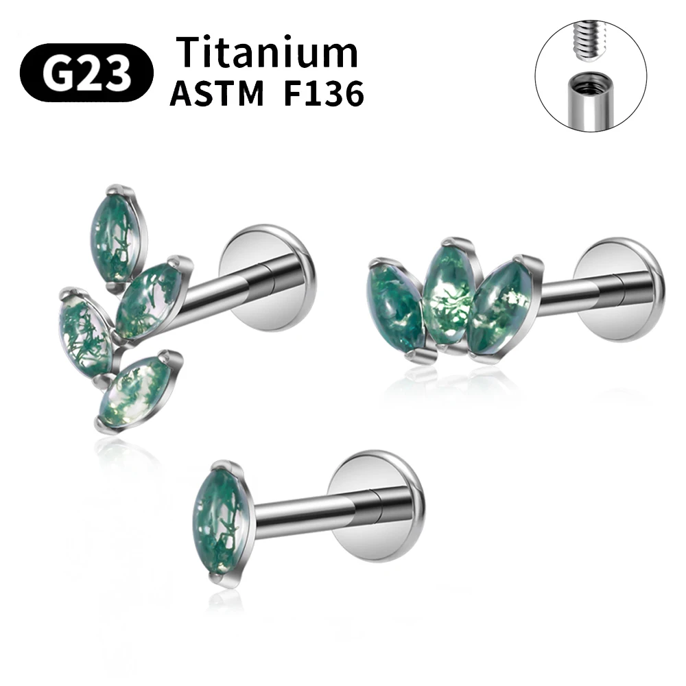 ASTM-F136 Moss Agate Nasal Nail G23 Titanium Nose Stud Piercings Body Jewelry F…