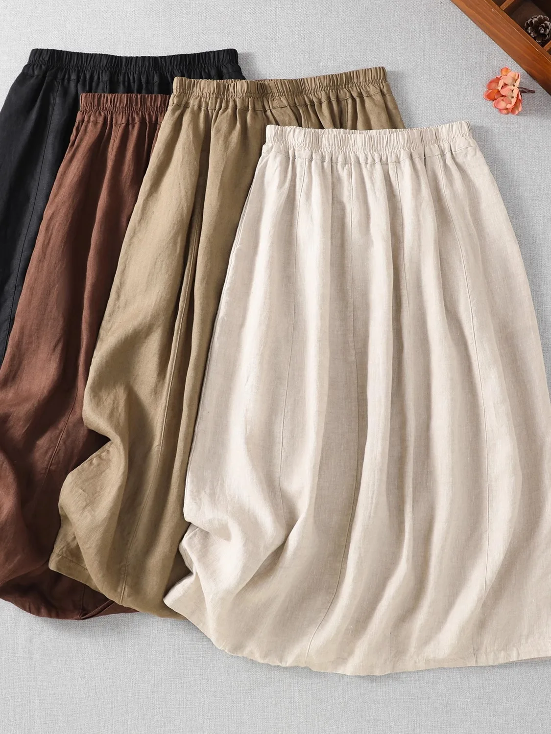 

Повседневная юбка А-силуэта из хлопка и льна для женщин больших размеров, свободная, модная, однотонная, с эластичным поясом