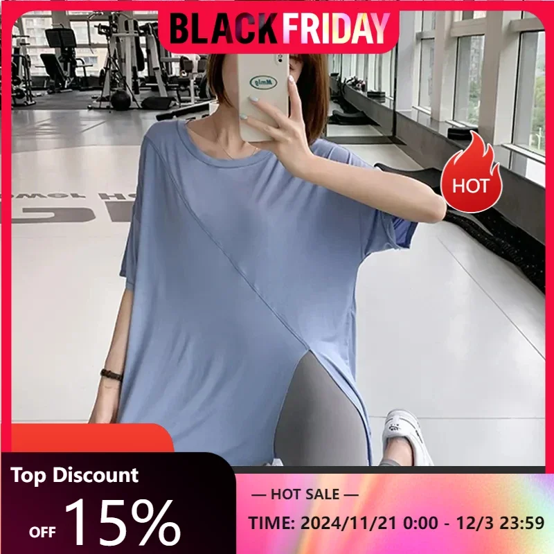 AllSeason Sport Women Solid Casual Sun Protection Shirt Pullover Short Sleeve Slim Tees Top Gentle Sexy Blouse Soft Gym Split