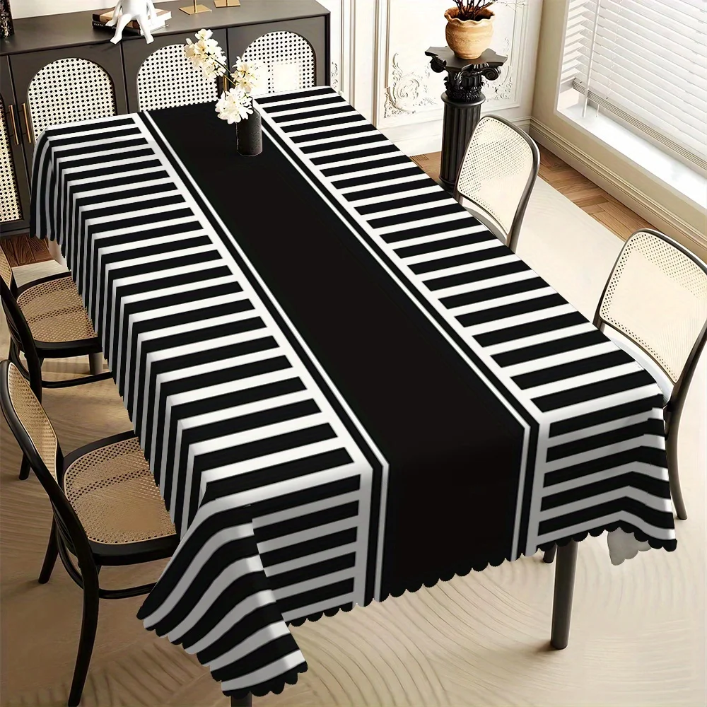1pc Black & White Stripe Tablecloth, Fan Edge Polyester Cover for Dining, Living Room, Kitchen, Hotel, Party & Gift Decor