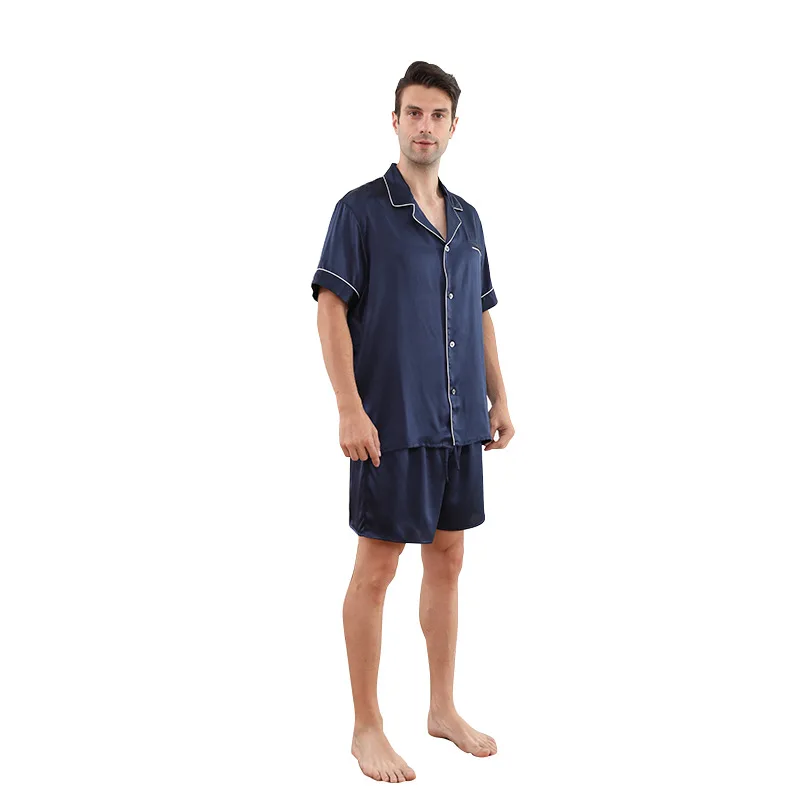 Birdtree-Conjunto de pijama con solapa de seda auténtica para hombre, pantalones cortos finos de manga corta, ropa informal para el hogar, primavera