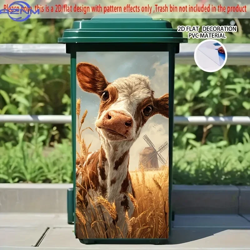 2D/FLAT, Cute Calf in Wheat Field Pattern Self-Adhesive Sticker, 14.57×32.28 Inch, Brown & White Calf with Golden Windmill Bac
