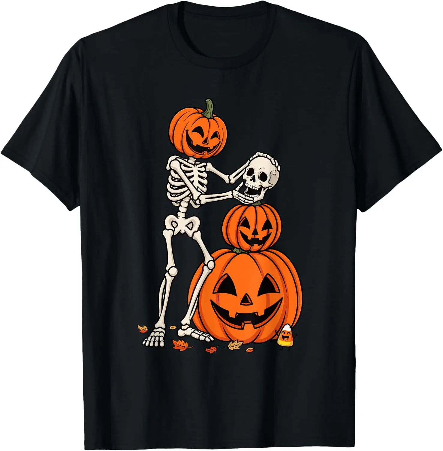 Halloween Stacked Pumpkin Head Skeleton Funny Skull Fun T-Shirt vintage style tee  boxy fit tee black graphic tee 100% cotton men
