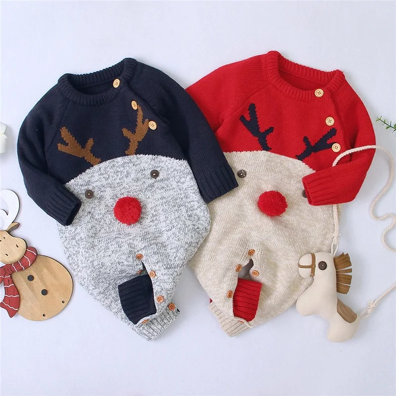 Christmas Baby Clothes Newborn Infant Boy Girl Deer Romper Knitted Warm Jumpsuit Xmas Baby Costumes Clothes