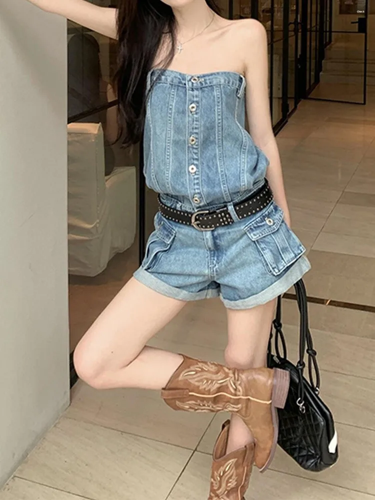 

Retro American High Street Spicy Girl Design Strapless Denim Shorts Women's Loose One-Piece Summer Wide Leg Casual Jeans