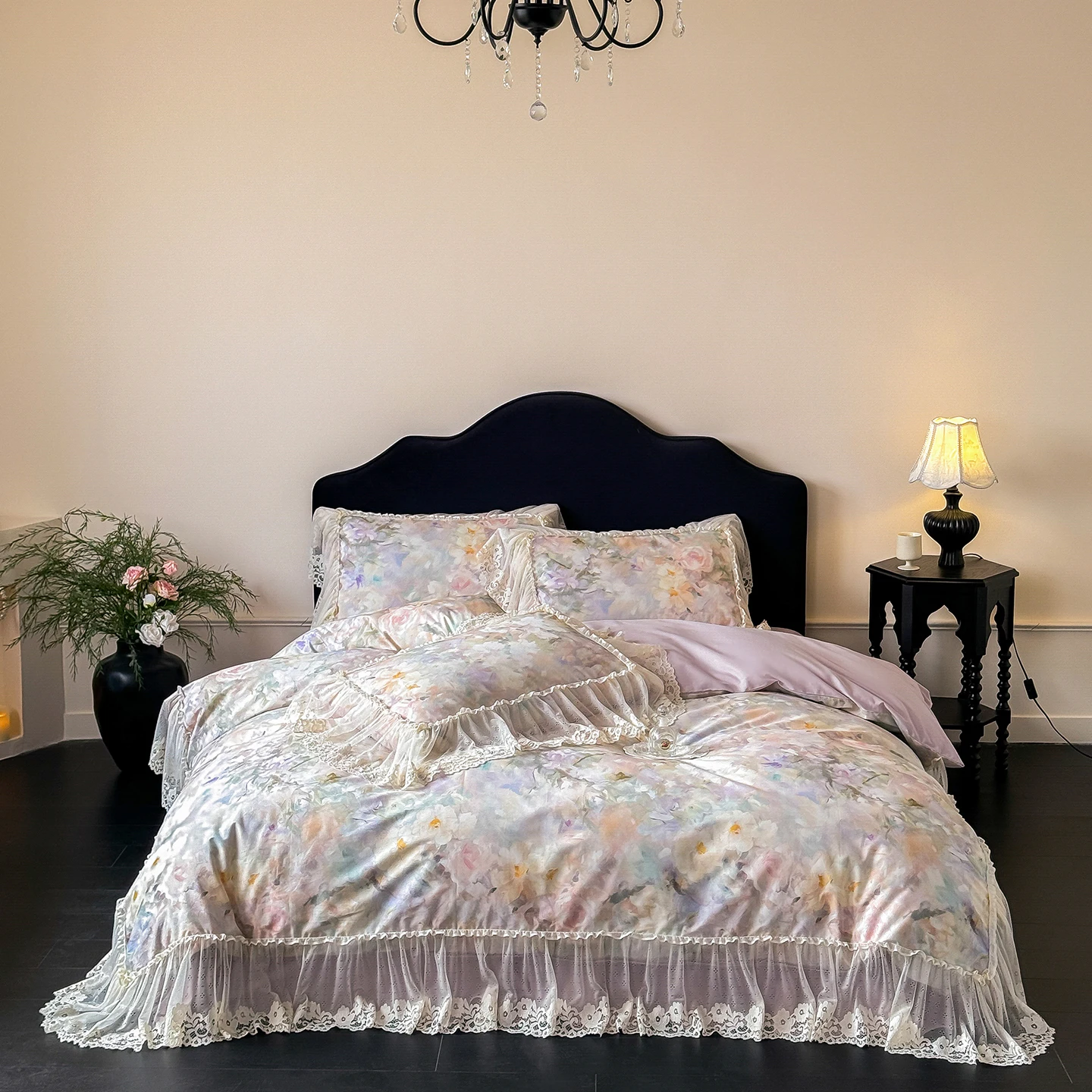 100% Cotton Lace Ruffle Bed Skirt Set Vintage Floral Print Bedding Set Soft Breathable Bed Cover Pillowcases for Bedroom Decor