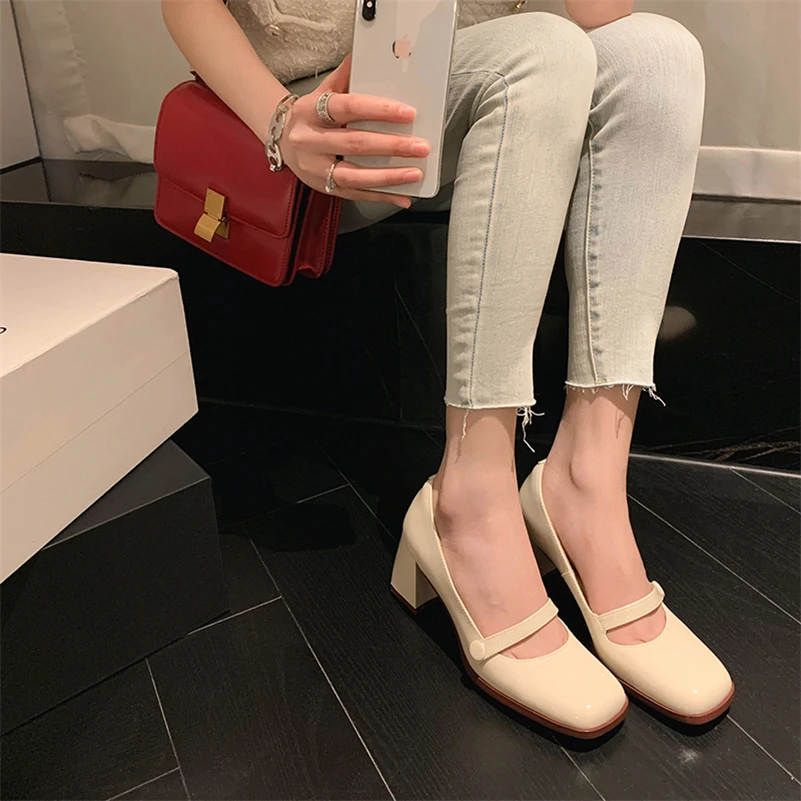 Meotina Women Genuine Leather Mary Janes Square Toe Thick High Heel Shallow Pumps Fashion Ladies Spring Autumn Shoes White