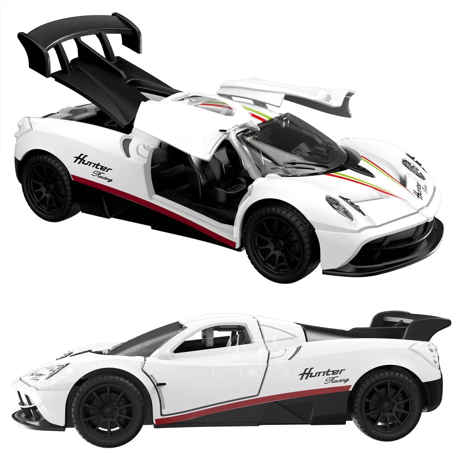MQUDUO 1:36 White Sport Car Model, Pull Back Alloy Vehicle with Rear Wing and Opening Doors, Birthday Christmas Gift