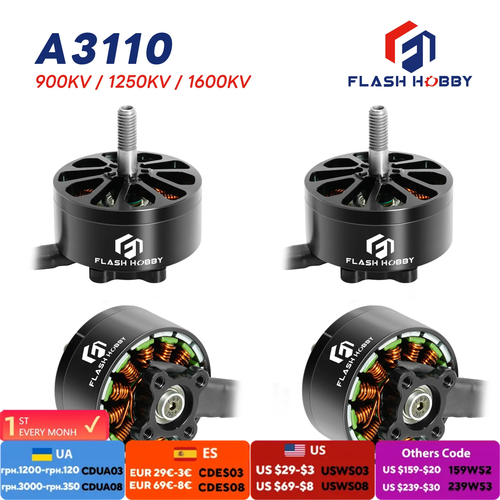 FLASHHOBBY A3110 3110 900KV Brushless Motor 6S LIPO for FPV Freestyle 9inch 10inch Long Range Cinelifter Drones DIY Parts