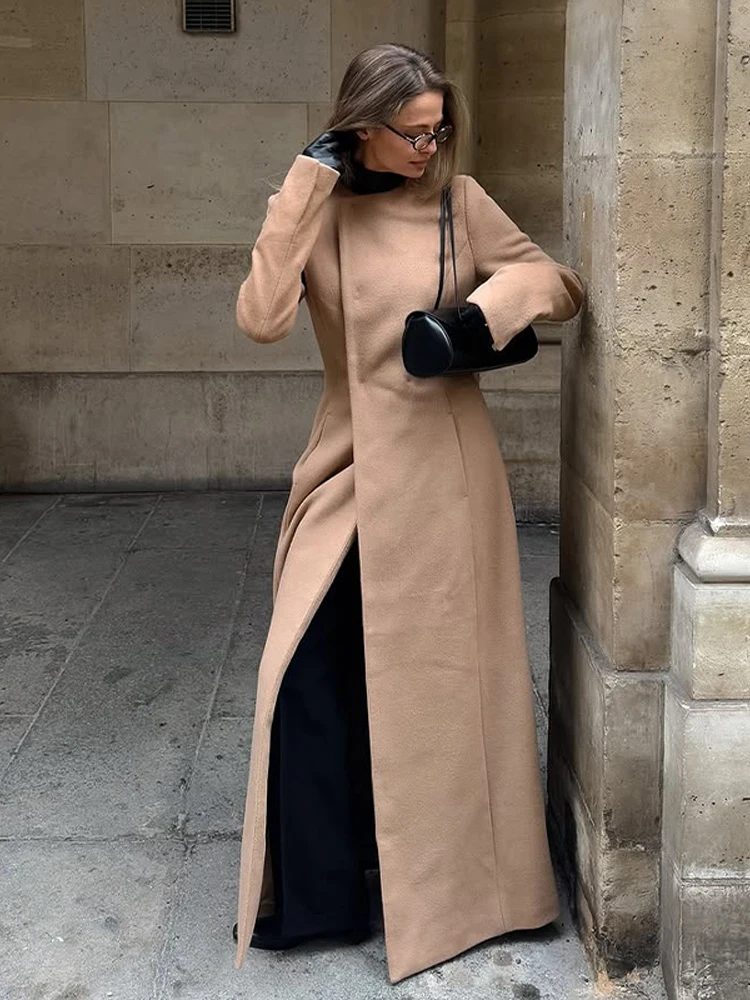 

Casual Khaki Women Overcoat Fashion Turndown Collar Full Sleeves Comfortable Loose Faux Fur Long Coat Lady Autumn Warm Outwear