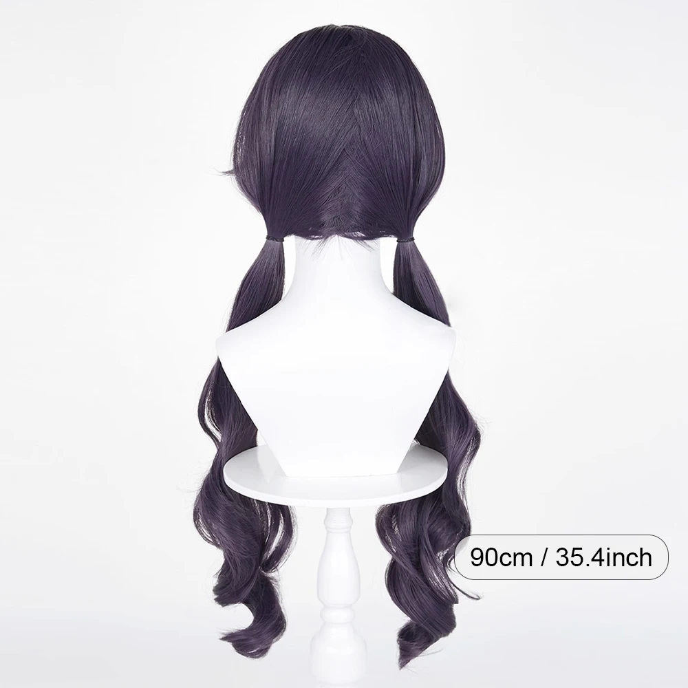 Long Wavy Synthetic Wigs with Bangs Purple Grey Anime Game Cosplay Double Ponytail Wig for Daily Party