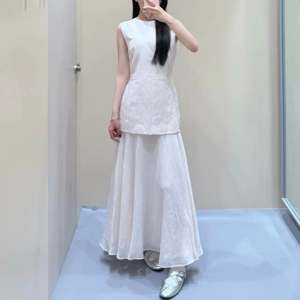 Pink Layered Ruffle Svel Dr Women's Faion Spring Summer New Arrival Single Piece Long Pants round Neline A-ade...
