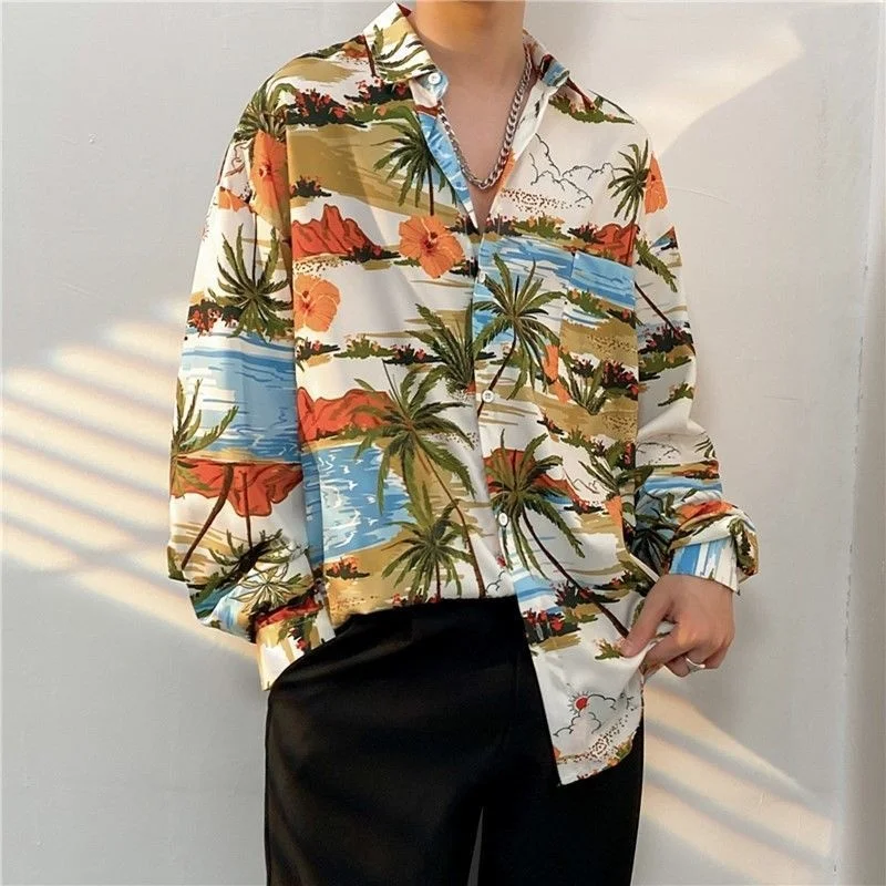 Hawaiian Beach Shirts Harajuku Vintage Versatile Coconut Print Long Sleeve Aloha Party Holiday Shirt Men Casual Button Down Tops