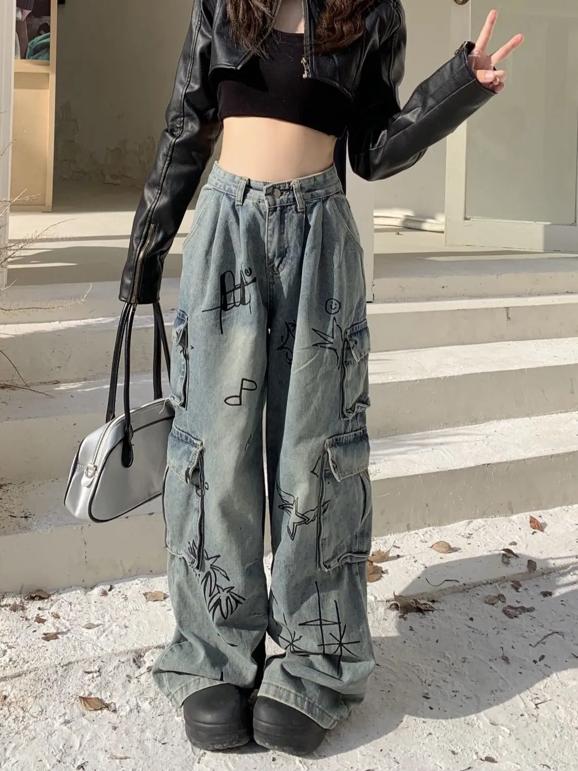 

Onalippa Graffiti Cartoon Printed Workwear Jeans American Retro Y2k Trendy Brand High Waist Loose Fit Slimming Wide Leg Pants