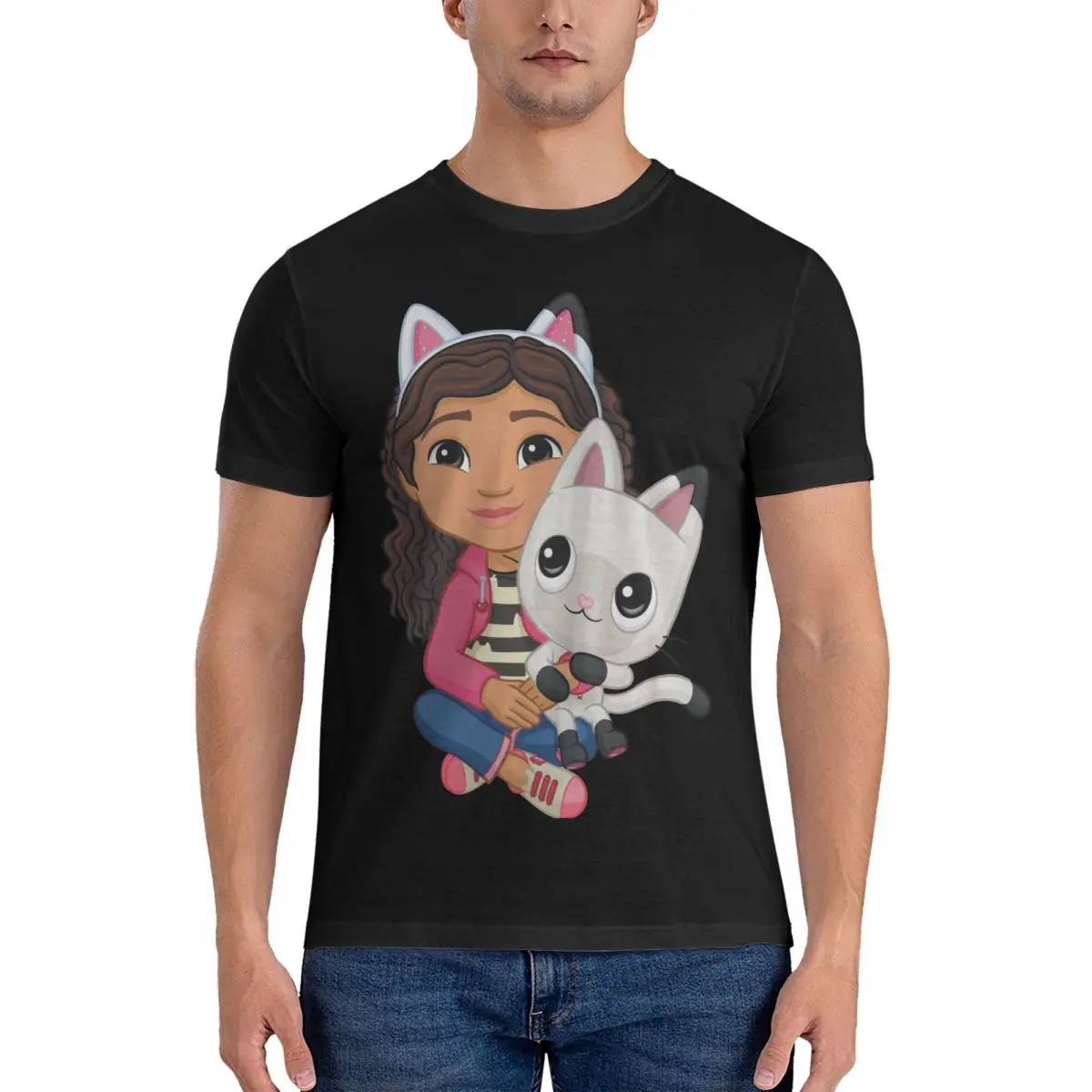 Cat Men's T Shirts Gabby's Dollhouse Cool Tees Short Sleeve Crewneck T-Shirt Pure Cotton Gift Clothing