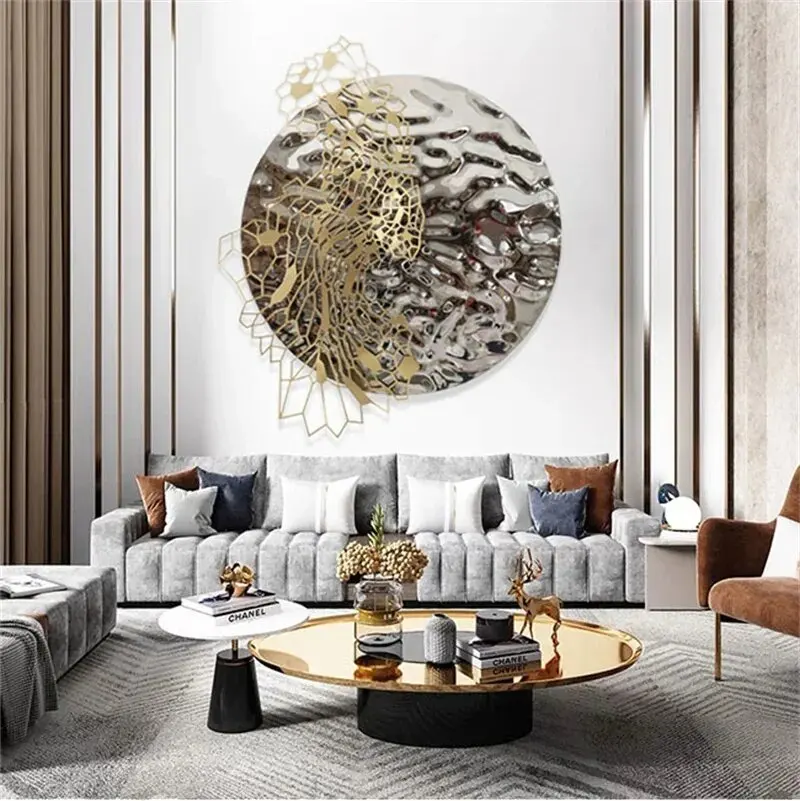 Italian style round golden wall decorations, creative living room stainless steel water ripple decorative sculptures BB642RW