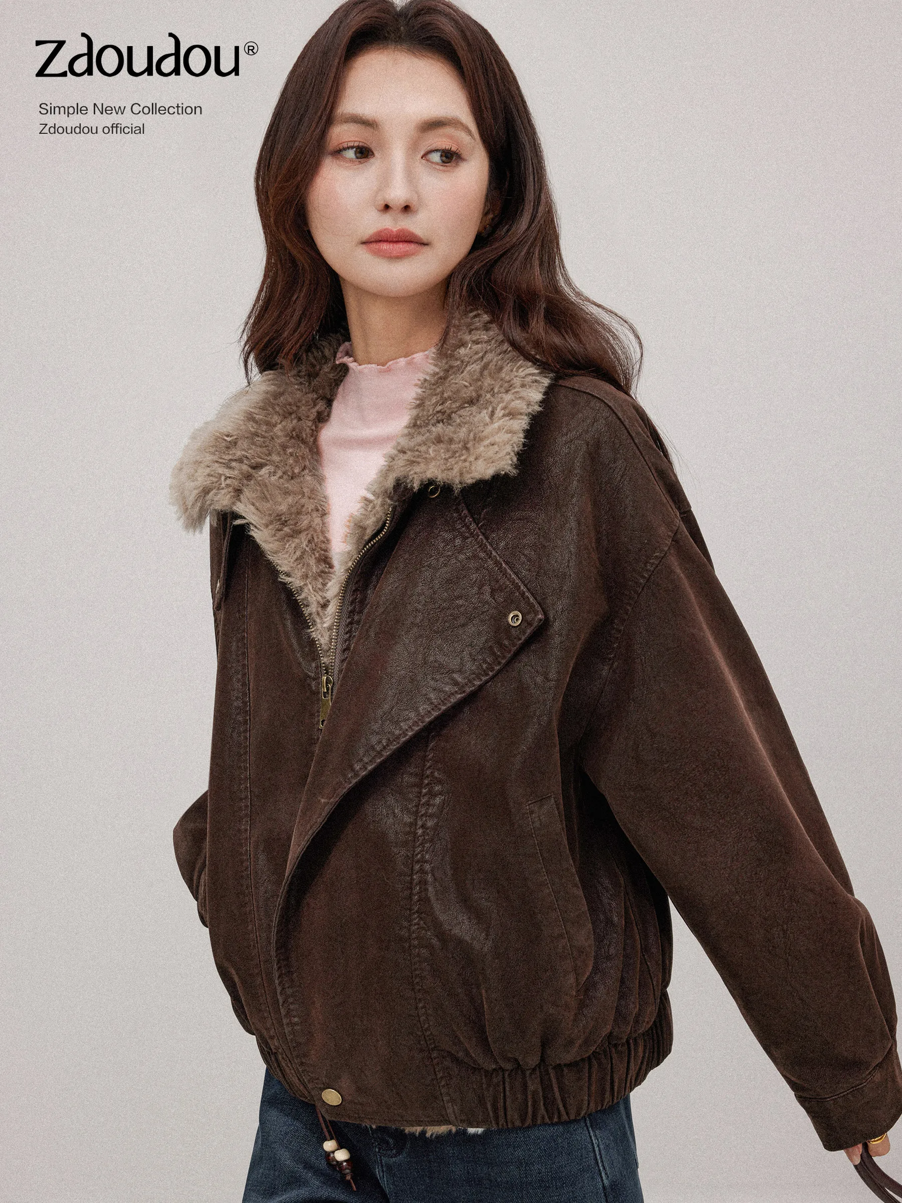 Jaet de couro Thiened feminino outono inverno Faion gola motociclista Sle cor café quente casual solto ajuste zíper Clo...