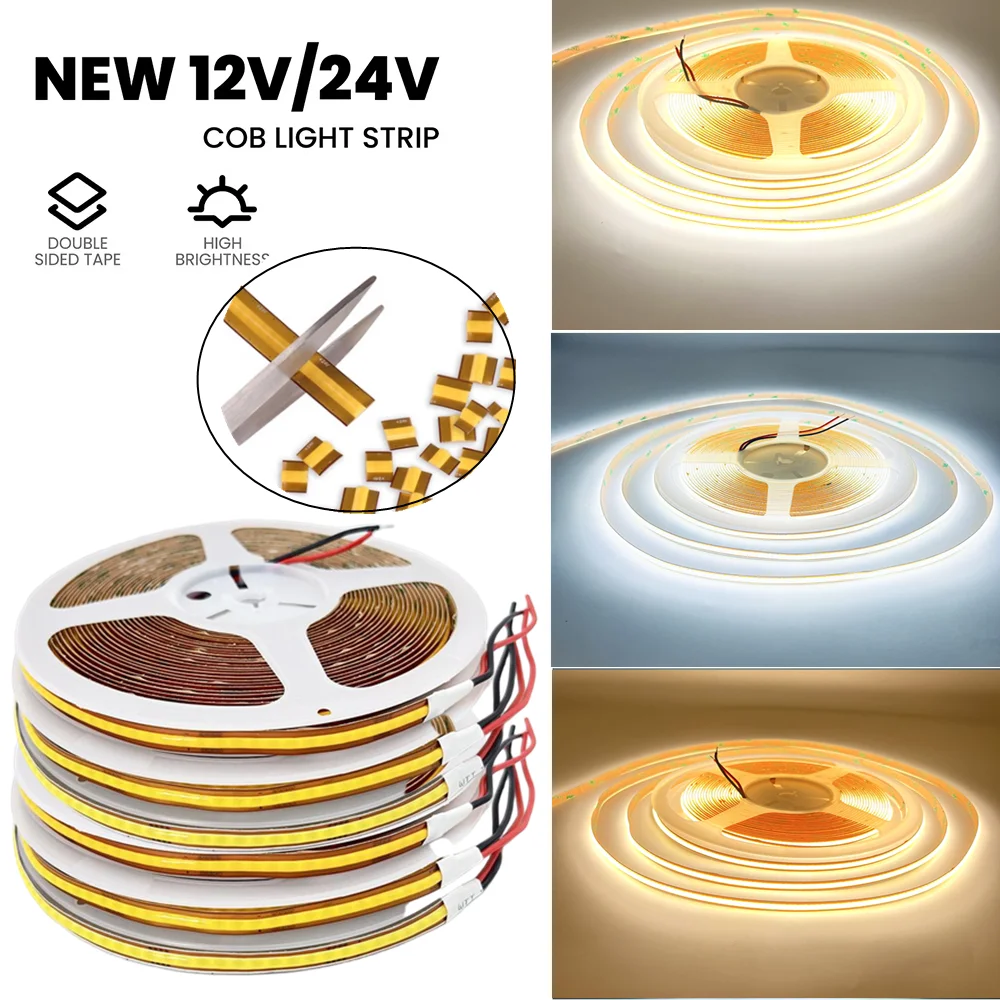 1-10m 12v 24v Free Cut Copper Soft Flexible COB Tape LED Strip 400/528 LED/m RA90 Linear Light 3000K 4000K 6000K Lighting