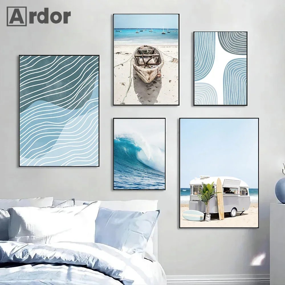 Beach Scenery Poster Tropical Sea Surfboard Bus Palm Tree Boat Canvas Painting Nordic Wall Art Pictures Living Room Home Decor
