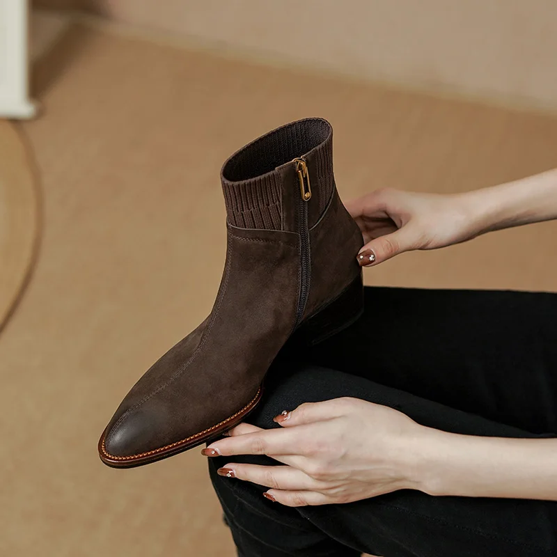 NEW Fall/Winter Women Shoes Pointed Toe Chunky Heel Boots Genuine Leather Black Boots for Women Fashion Hight Heel Modern Boots