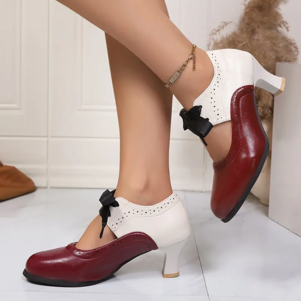 Modische Farbblock-Schnürschuhe für Damen mit hohem Absatz, Lolita-Stil, 2026 Neu, runde Zehenpartie, quadratischer Absatz, lässige Damen-Halbschuhe – Detail 20