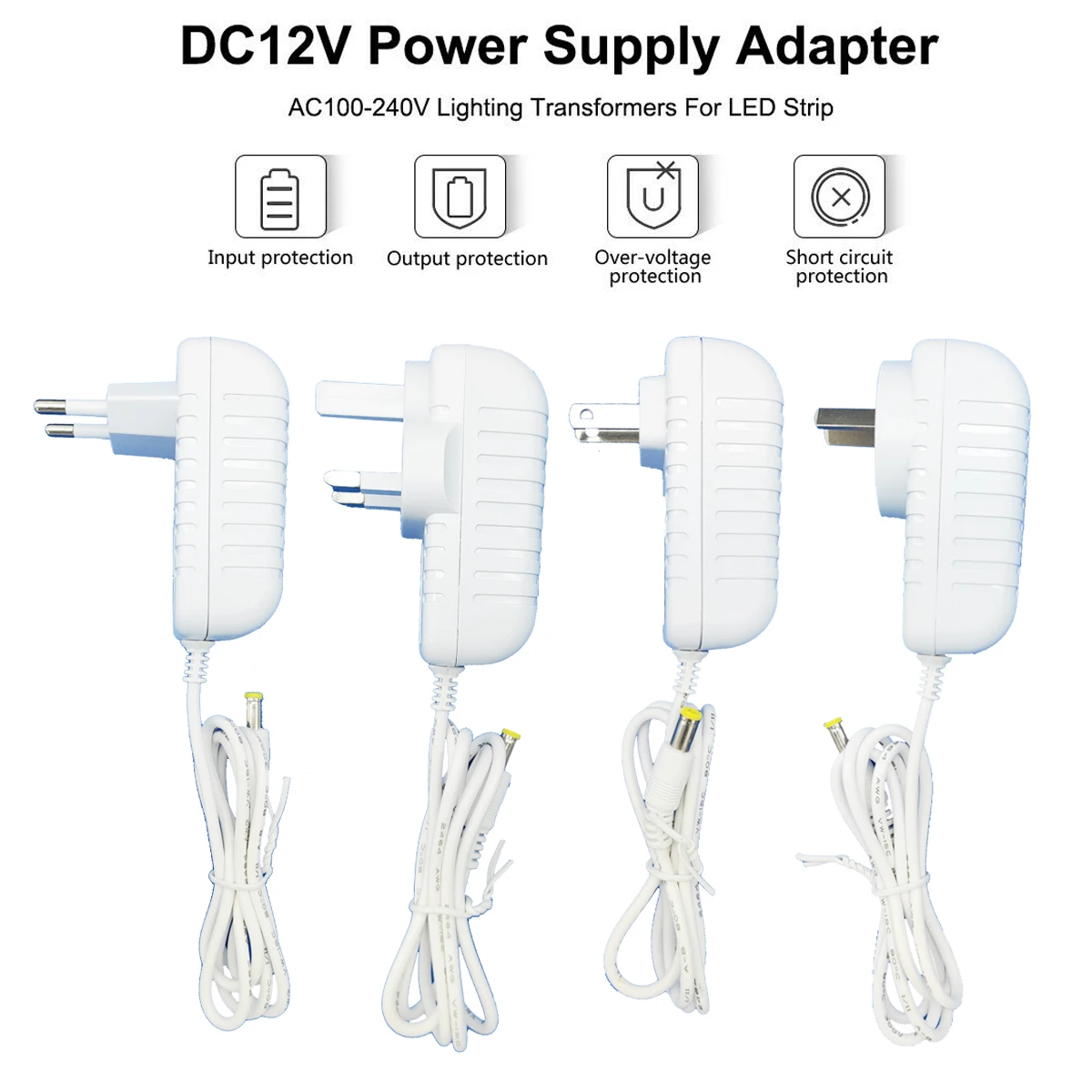 Adaptador de alimentação para LED Strip Light, transformador carregador, branco, UE, Reino Unido, EUA, AU, 1A, 2A, 3A, 220V, AC para 12V DC,