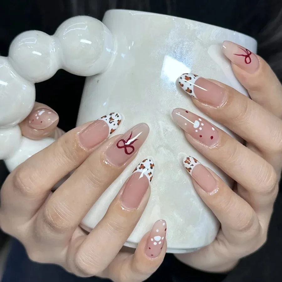 

24PCS Cute Ins Almond False Nails with Polka Dot Star Patterns French Fake Nails for Girls Sweet Simple Wearable Press on Nails