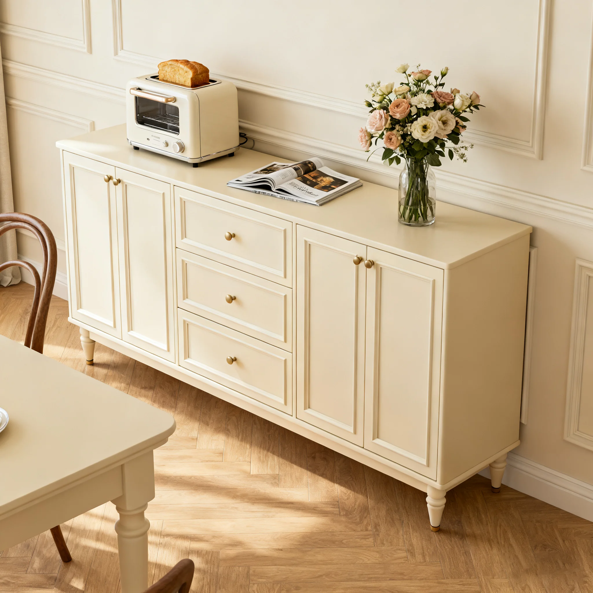 Light luxury thin side cabinet French cream style dining side cabinet solid wood tea cabinet new decorative glass door storage c