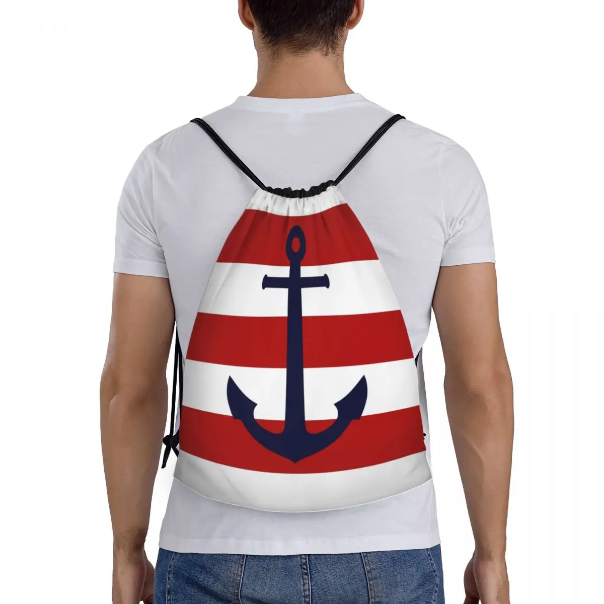 해군 네이비 블루 앵커 온 레드 스트라이프 쇼핑용 드로스트링 백 요가 배낭 남성 여성 항해 선원 스포츠 체육관 가방