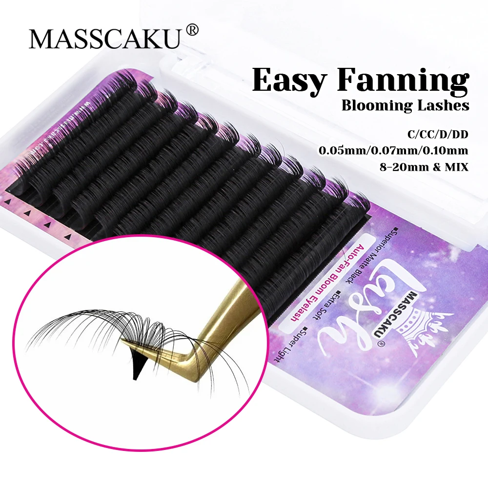 

12 Lines MASSCAKU 8-17mm and Mix Matte Dark Black Easy Fanning Eyelash Lightweight Faux Mink Automatic Blooming Lash for Make Up