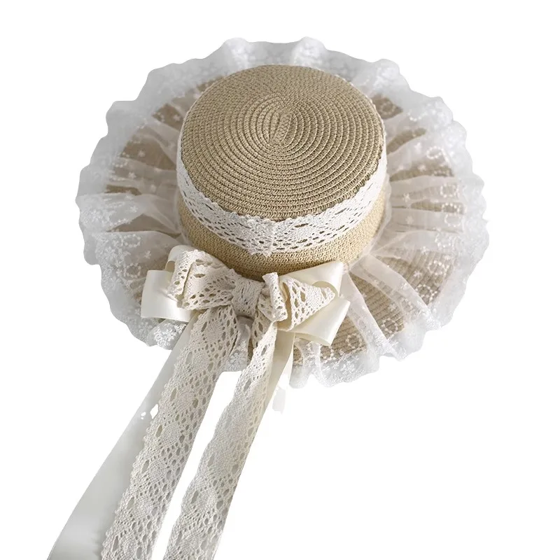 Harajuku النساء البراري شيك القش قبعة الشاطئ قبعة الشمس اليدوية الفتيات الحلو لوليتا نمط تأثيري Kawaii مقوس دانتيل الشريط قبعات من القش