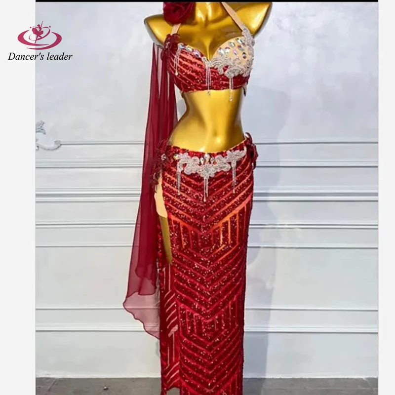 Belly Dance Competition Women\'s High-end Skirt Red Diamond Bra with Cape American Performance Costume dress