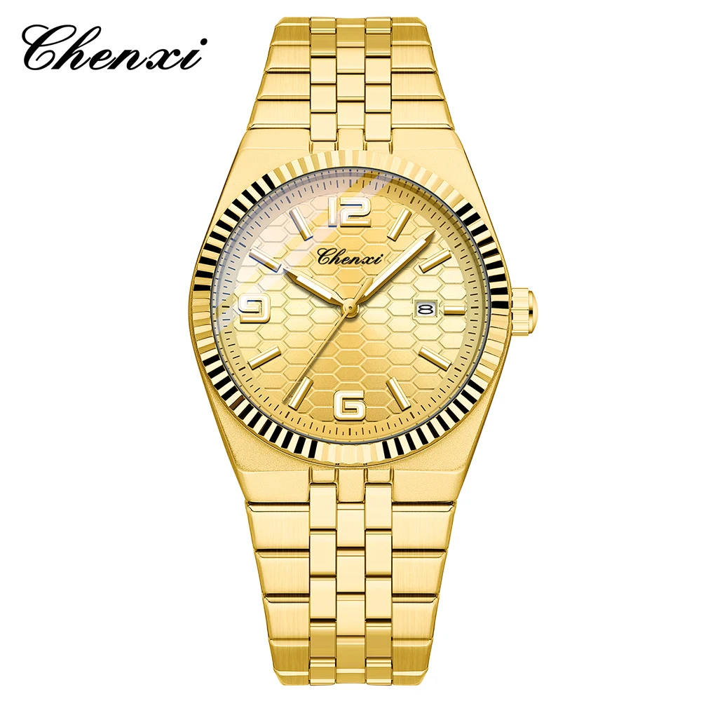 

CHENXI золотые мужские часы, деловая мода, 40 мм, кварцевые мужские часы из нержавеющей стали, светящиеся водонепроницаемые золотые часы с датой, подарок