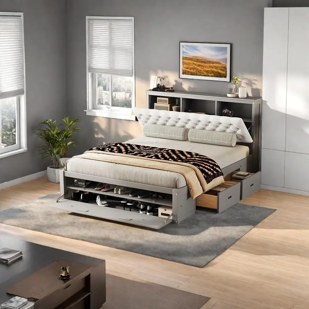 TSEA Queen Size Platform Bed with Storage board and Shoe Rack, Multi-Functional Upholstered Bed Fe with Ders for