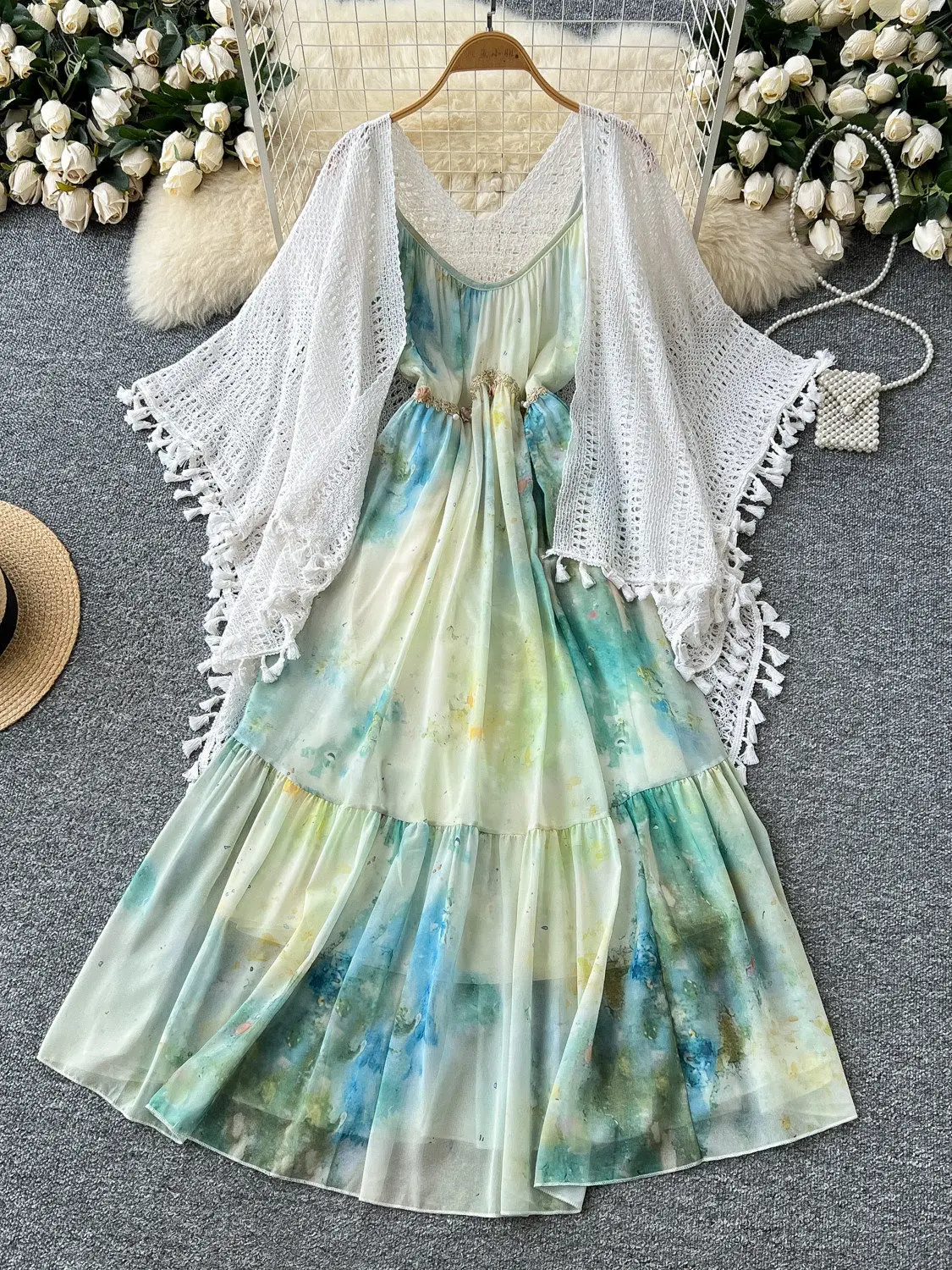 

Bohemian Vacation Women Dress Set Waist Slimming Camisole Printed Chiffon Tassel Dress +Outer Knit Shawl Coat Beach Causal Wear