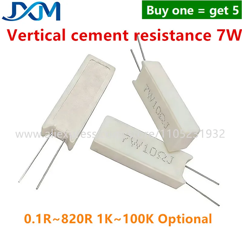 5pcs/lot Vertical Cement Resistance 7W 0.1R~100K 0.5R 3.3R 47R 51R 330R 470R 560 620 820R 1K 2.2K 4.7K 10K 15K 47K 56K 68K ohm