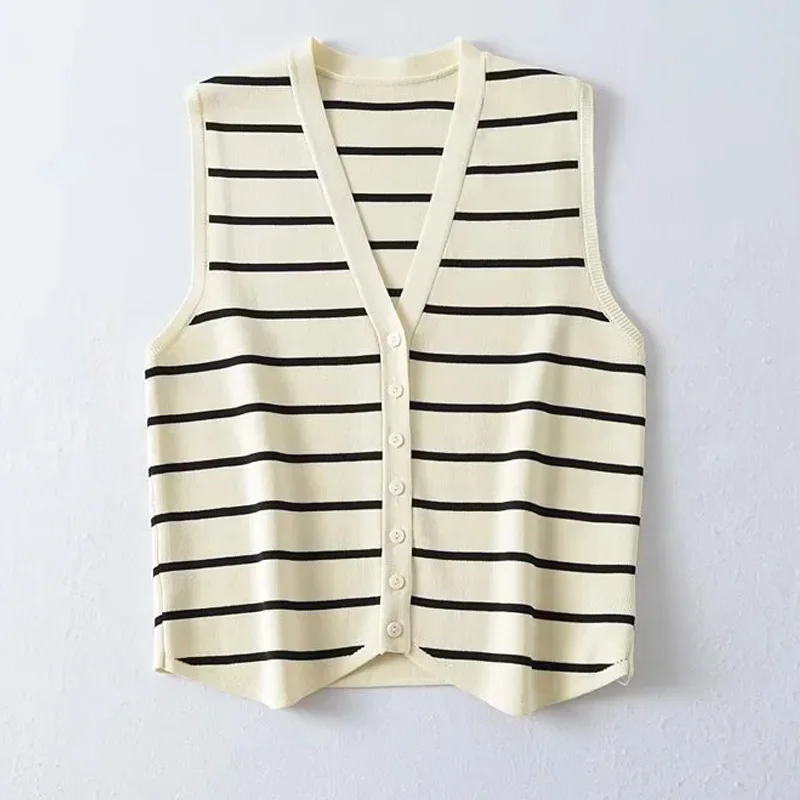 TRAF Stripe Vests For Women Crop White Knit Vest Woman Summer V Neck Sleeveless Knitted Vests Preppy Short Sweaters Vest Top