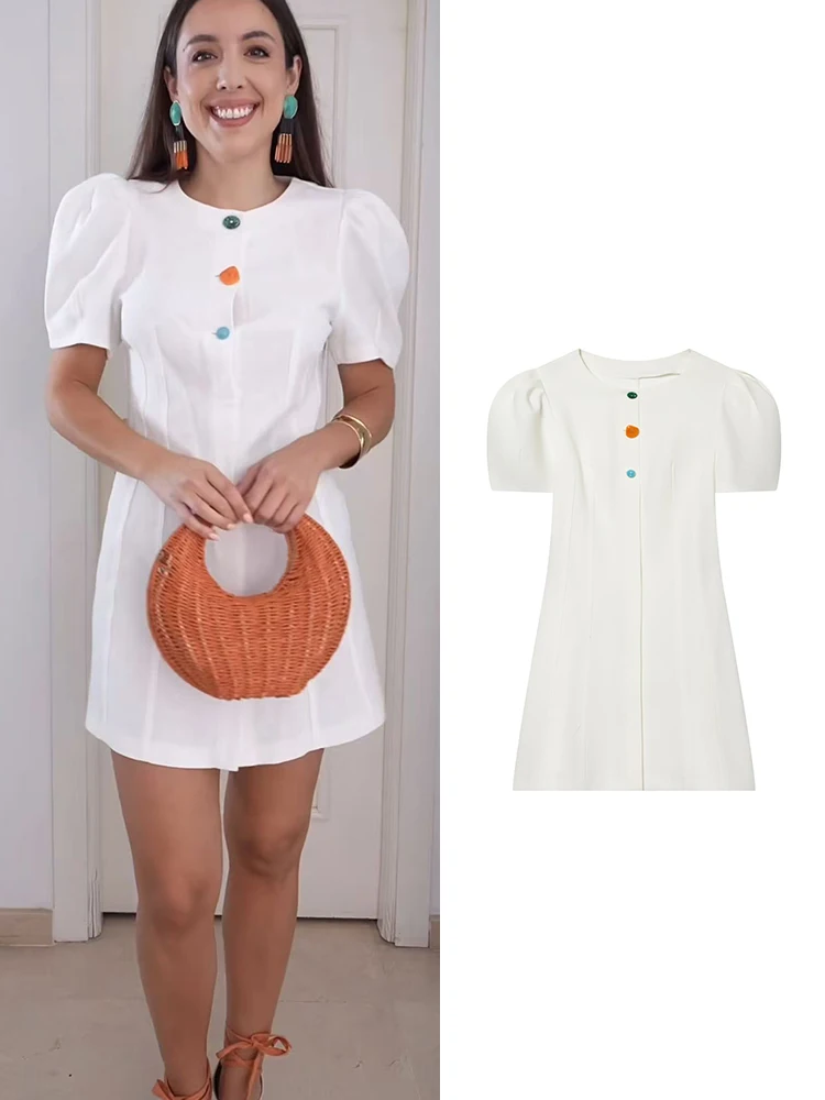 TFMLN Damen-Kleid mit einfarbigem O-Ausschnitt und kurzen Ärmeln, figurbetontes Kleid für den Sommer, elegant, einfarbig, Puffärmel, lässig, schick, mit Knopfverzierung, Minikleider