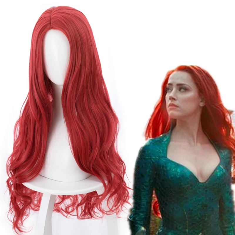 Movie Aquaman Mera Cosplay Wig  Red Long Curly Wavy Heat Resistant Synthetic Hair Women Party Wig