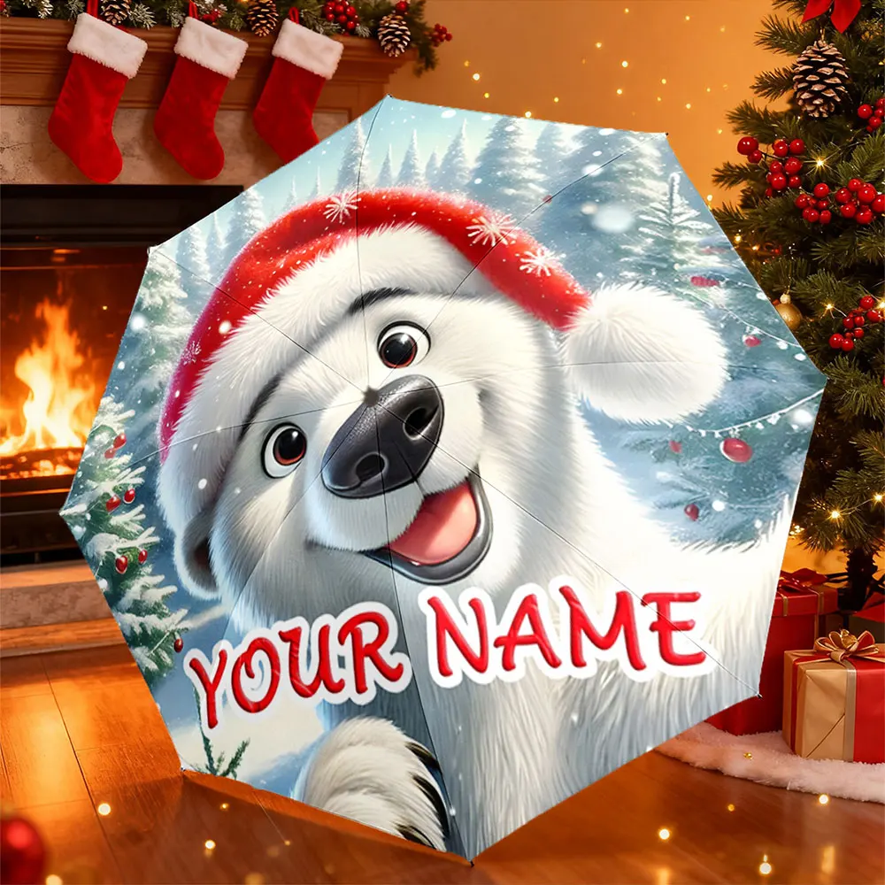Custom Name Umbrella， Christmas Polar Bear Design Personalized Printed Umbrella ,Portable Folding Umbrella, Christmas Gift