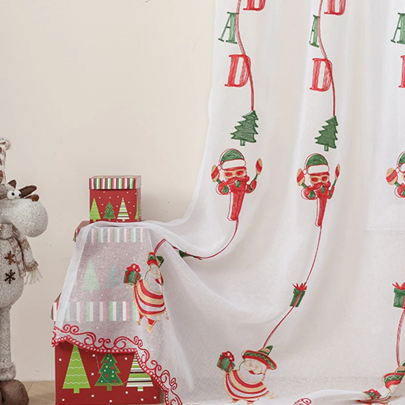 

Christmas Santa Claus Embroidered Curtain American Style Festive Atmosphere Decor Sheer Pole Curtain for Living Room Bedroom