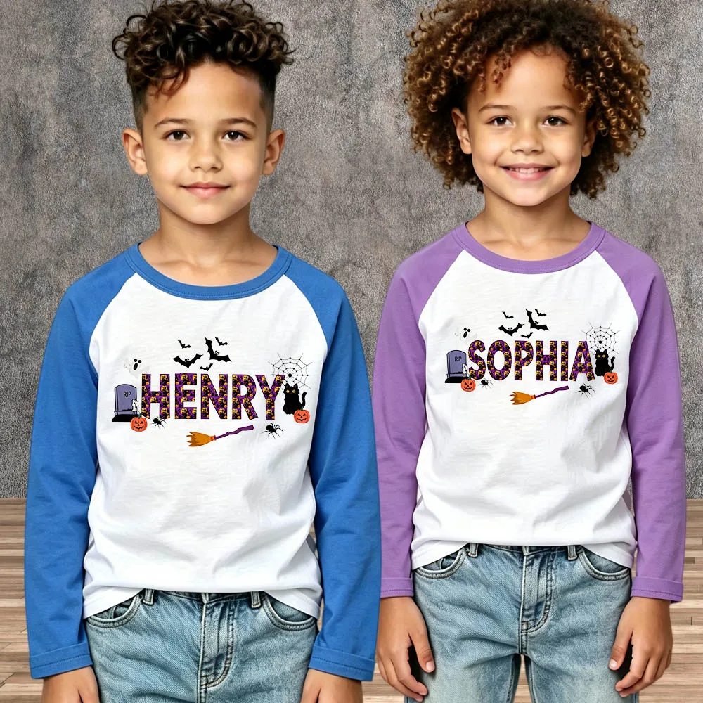 Personalized Toddler T-Shirt Custom Kids Halloween Name Shirt Trick or Treat Design Tops Long Sleeve Boys Girls Children Tees