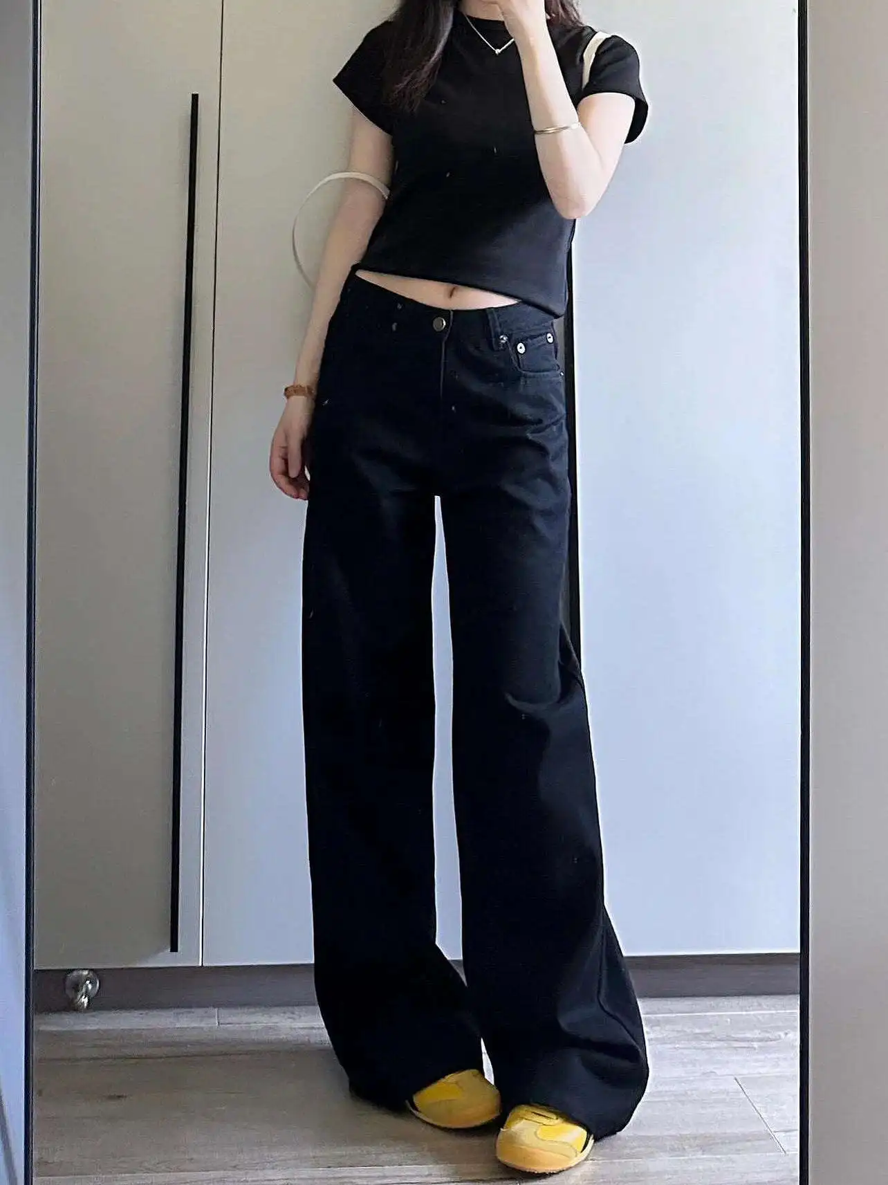 

Американские джинсы с высокой талией и прямыми штанинами, женские, больших размеров, черные, универсальные, свободные, стройнящие, широкие, в пол