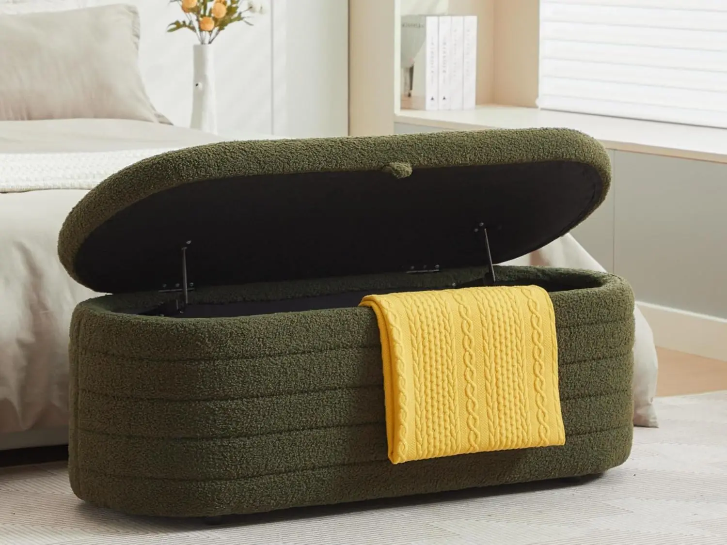 Storage Ottoman Bench, Padded Seat & Shoe Bench W/ Lid, 45 Inch Green Bedroom Entryway Foot Rest, Customized