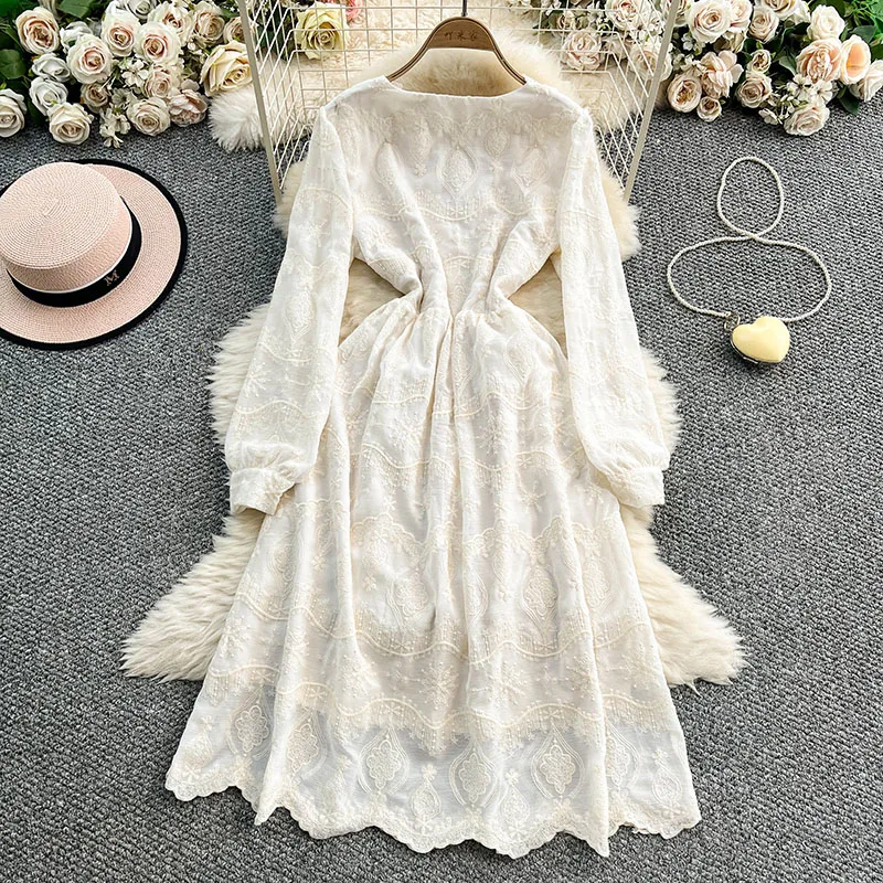 French Elegant Lace Embroidery Women Dress Classic Temperament V-Neck Long Sleeve A-Line Dresses Ladies White Long Dress