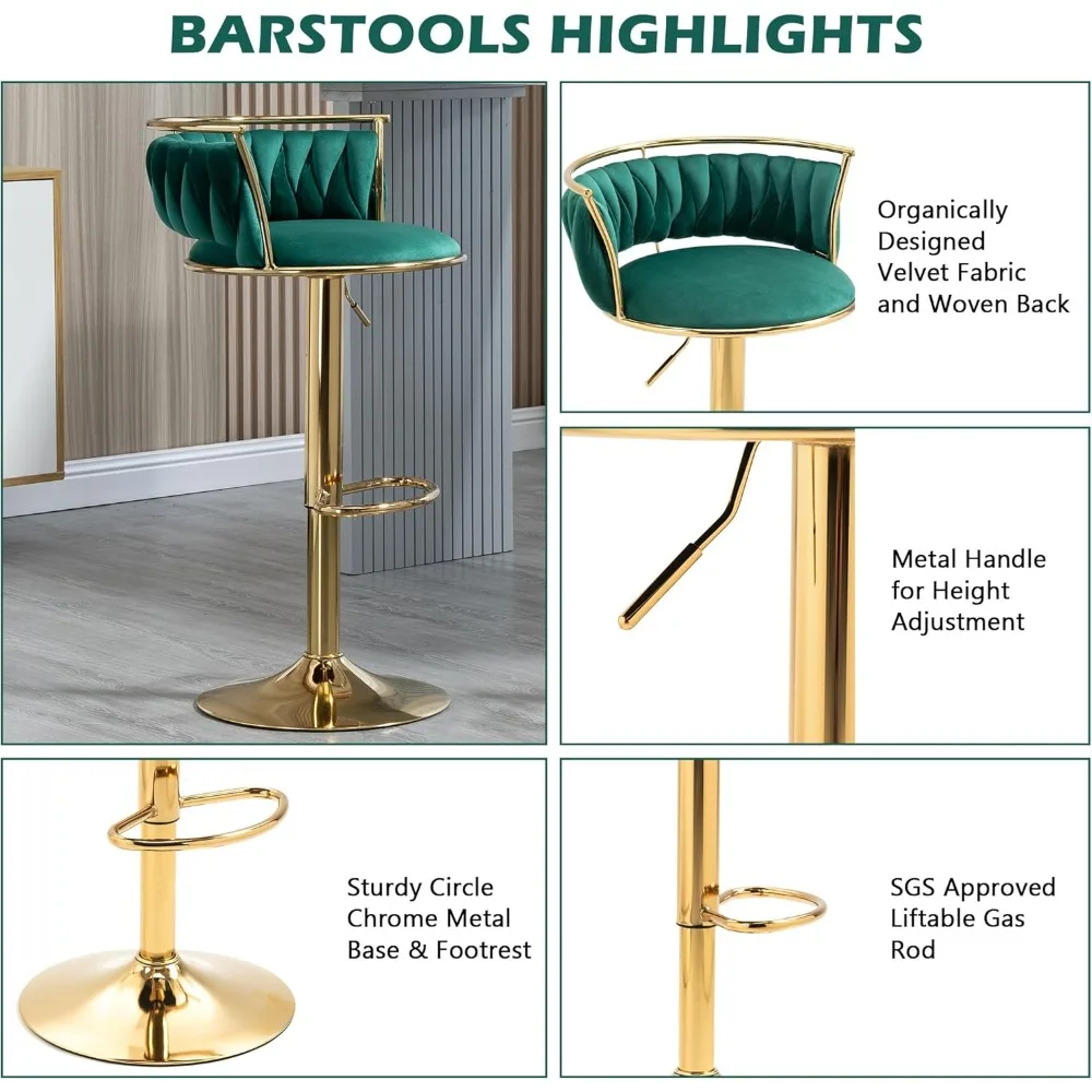 360° Swivel Bar Stools Set of 2, Modern Adjustable Counter Height Velvet Bar Chair Gold Metal Stool, Comfortable Kitchen
