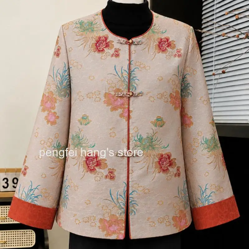 Women Chinese Style Round Collar Satin Printed Qipao Top Vintage Button Long Sleeve Elegant Casual Daily Blouse Jacket