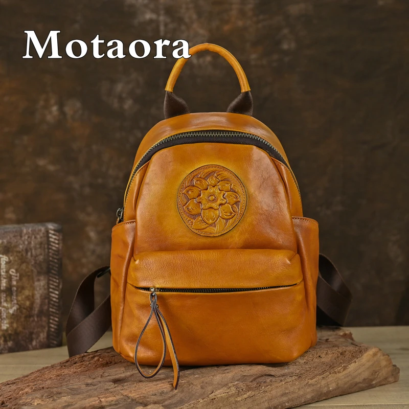 

MOTAORA Retro Genuine Leather Women Backpack Multi Purpose Embossed Handbag Handmade Large Capacity Travel Bag Cowhide Schoolbag