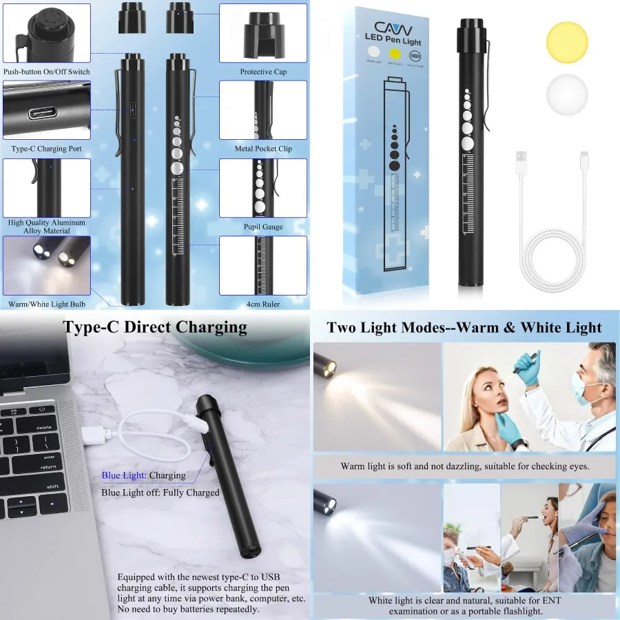 

USB Rechargeable Pen Light with Pupil Gauge for Medical Professionals: Dual Warm and White LED Lighting Ideal for Clinical Exam